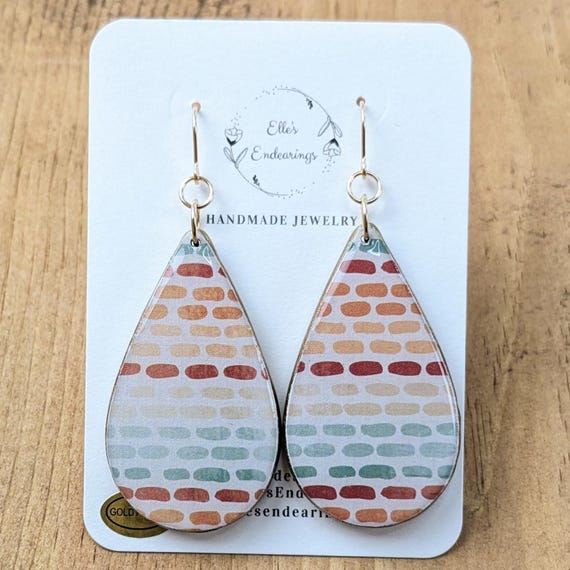 Handmade Large Striped Fall Colors Teardrop Earrings, Thanksgiving, Gift, Modern, Lightweight Earrings