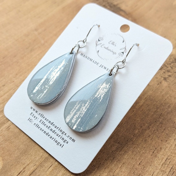 Handmade Medium Light Blue and Metallic Silver Teardrop Earrings, Gift, Lightweight Earrings, Everyday Earrings