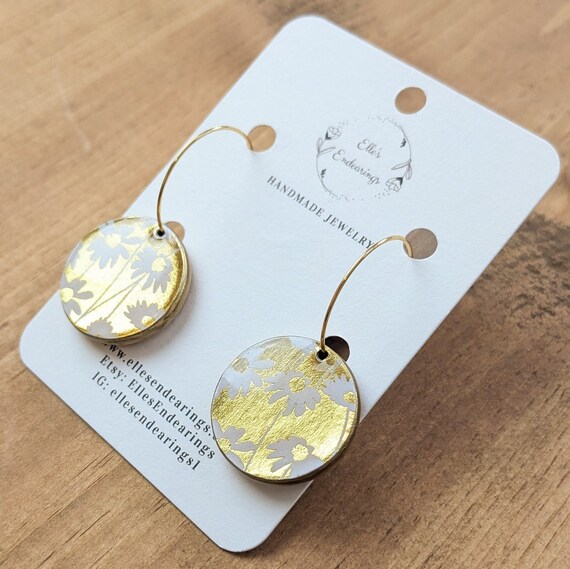 Handmade Metallic Gold & White Daisy Circle Hoop Earrings, Floral, Lightweight Earrings, Gift, Statement Earrings