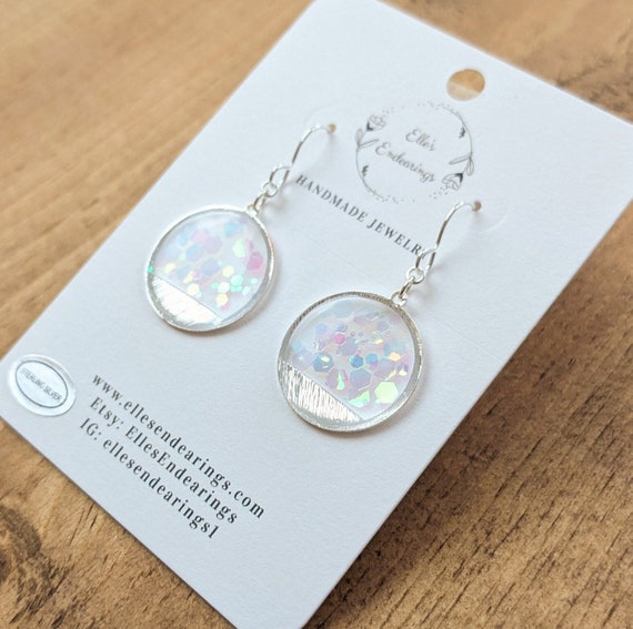 Handmade Iridescent Glitter Earrings in Silver, Sterling Silver, Lightweight Earrings, Gift, Everyday Jewelry