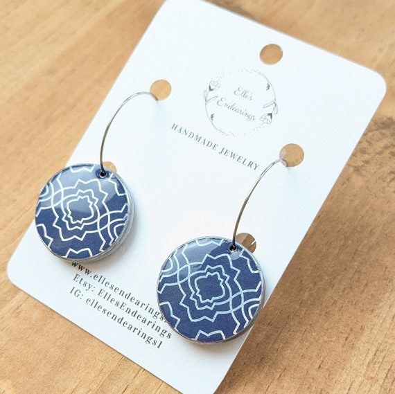 Handmade Navy Blue & Metallic Silver Circle Hoop Earrings, Geometric Design, Lightweight Earrings, Gift, Statement Earrings