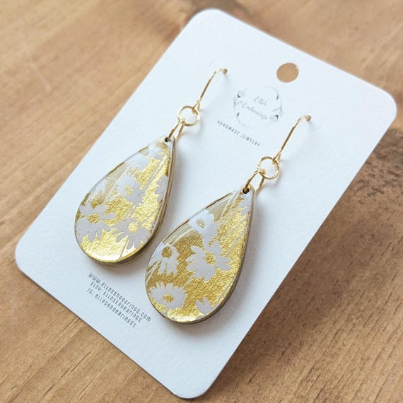 Handmade Medium Metallic Gold & White Daisy Teardrop Earrings, Gift, Floral, Statement Earrings, Lightweight Earrings