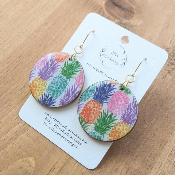 Handmade Large Colorful Pineapple Circle Earrings, Lightweight Earrings, Fruit, Hawaiian, Tropical, LGBTQ, Gift, Statement Earrings