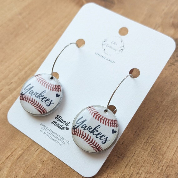 Handmade Medium Yankee Baseball Circle Hoop Earrings, Stainless Steel, Gift, Sports, New York, Baseball,Lightweight Jewelry, Gift