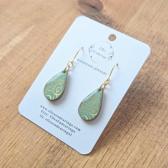 Mini Sage Green and Metallic Gold Teardrop Earrings, Small Earrings, Jewelry, Gift, Lightweight, Dangle Earrings