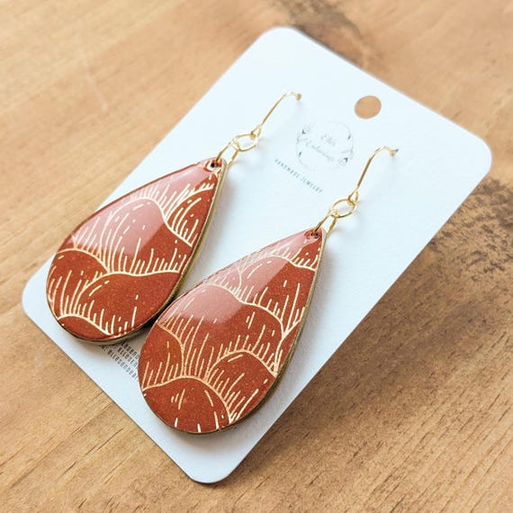 Handmade Large Rust & Metallic Gold Teardrop Earrings, Fall, Thanksgiving, Halloween, Gift, Lightweight Earrings, Statement Earrings