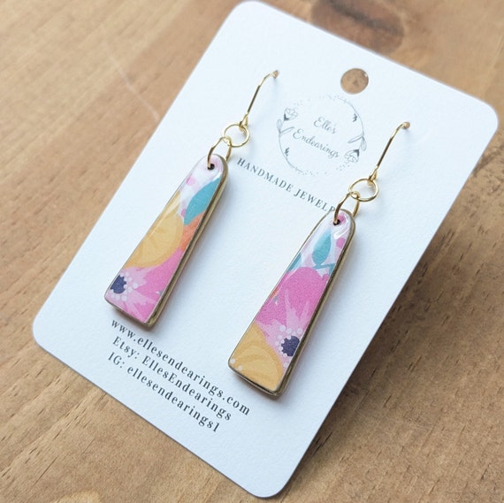 Handmade Medium Floral Rectangular Earrings, Gift, Statement Earrings, Lightweight Earrings