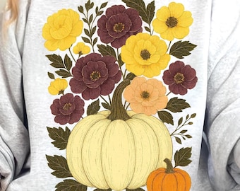 Floral PNG, Fall Shirt Design, Fall Aesthetic Sublimation, Flower Pumpkins for Autumn Vibes, Pumpkin png