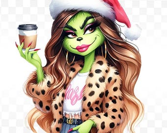 Leopard Print Christmas Grinch Girl PNG, Coffee Sublimation Design (Digital Download)