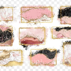 Op de afbeelding: Set van negen digitale gouden frames met roze en zwarte abstracte aquarel achtergronden. De frames zijn perfect om een ​​toets van elegantie aan uw ontwerpen toe te voegen.