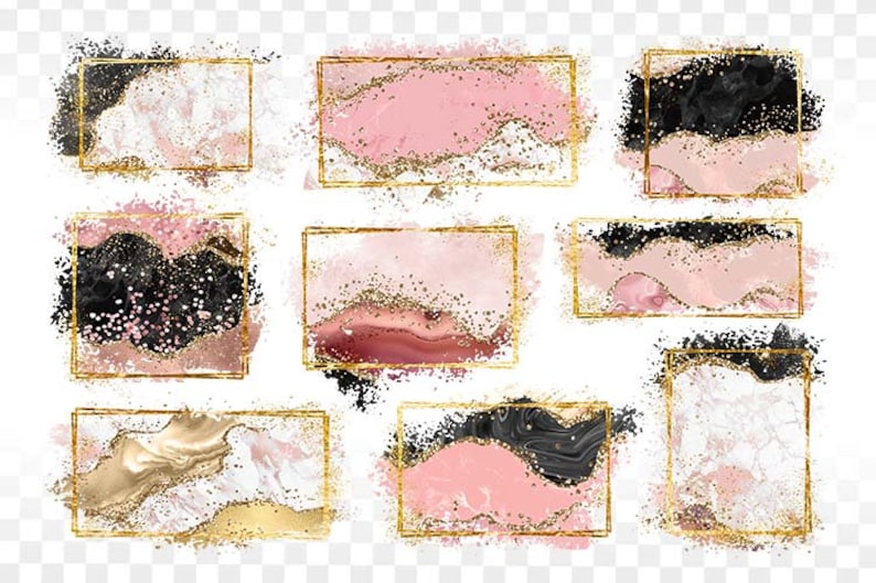 Op de afbeelding: Set van negen digitale gouden frames met roze en zwarte abstracte aquarel achtergronden. De frames zijn perfect om een ​​toets van elegantie aan uw ontwerpen toe te voegen.
