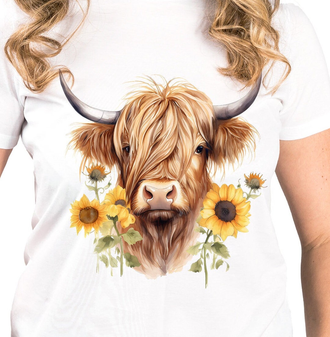 Watercolor Highland Cow With Sunflowers | Sublimation Design | Png File ...