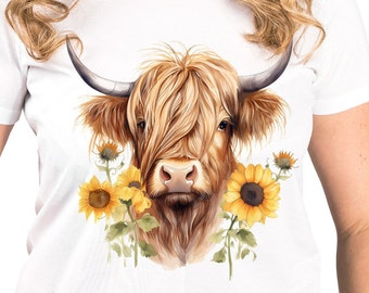 Watercolor Highland Cow with Sunflowers | sublimation design | png file for sublimation or printable