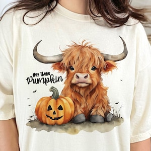 Highland Cow Fall PNG Hey There Pumpkin Sublimation Design, Autumn Highland Cow Pumpkin Png