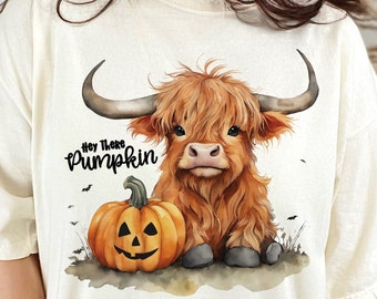 Highland Cow Fall PNG Hey There Pumpkin Sublimation Design, Autumn Highland Cow Pumpkin Png