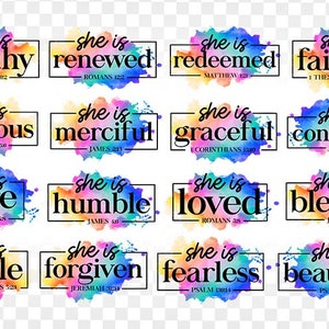 16 christliche Sublimation Designs Download, PNG Dateien Bundle, Sublimation Bundle Aquarell, christliche Zitate, Sie ist, Bibelverse