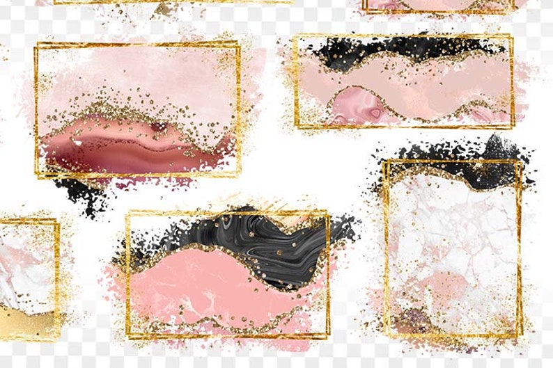 Op de afbeelding: Vier gouden frames met roze, zwarte en witte marmerpatronen en gouden glitteraccenten. De frames zijn perfect om elke project een vleugje elegantie te geven.