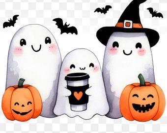 Cute Ghosts Coffee Fall PNG, Halloween Pumpkin Sublimation Design, Cute Halloween PNG