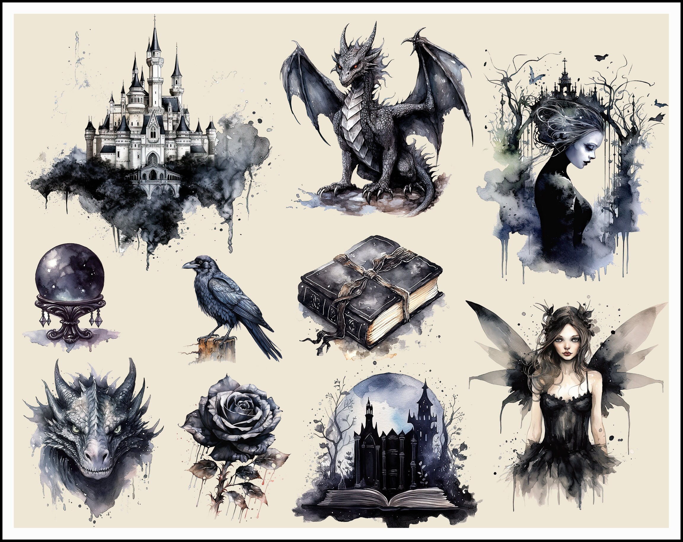 Dark Fairytale Clipart Bundle | Gothic Dragon, Black Rose, Fairy Castle ...