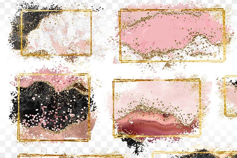 Op de afbeelding: Vier gouden frames met roze, zwarte en witte abstracte aquarel achtergronden met gouden glitter accenten.