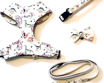 Hundegeschirr, Leine, Halsband und Fliege im Set - Dinosaurier