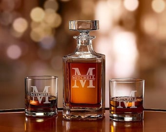 Whiskey Decanter Personalized Custom Bourbon Decanter Gift Box for Groomsmen, Dad & Him - Unique Christmas Gift Set