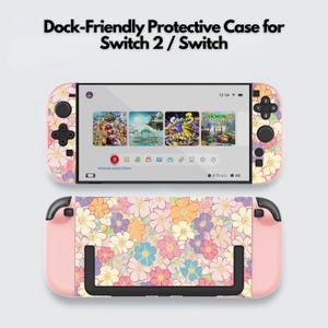 Puede incluir: Una funda protectora rosa para Switch 2 / Switch con un estampado floral. La funda tiene un diseño compatible con la base y presenta el texto "Dock-Friendly Protective Case for Switch 2 / Switch". La pantalla de la Switch muestra varios iconos de juegos.