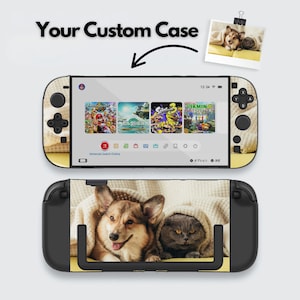May include: A custom Nintendo Switch case featuring a corgi and a gray cat under a blanket. The case has a yellow and beige pattern. The screen displays game icons. The text "Your Custom Case" is above the console.