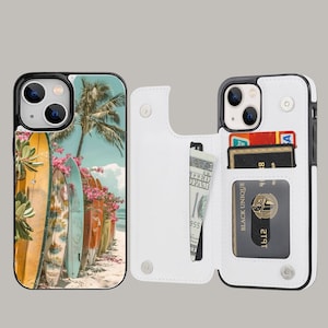 Leuke zomer strand esthetiek portemonnee telefoonhoesje met kaarthouder voor iPhone 16 15 14 13 Pro Max Plus, Samsung Galaxy S25 S24 S24FE S23 Ultra Plus