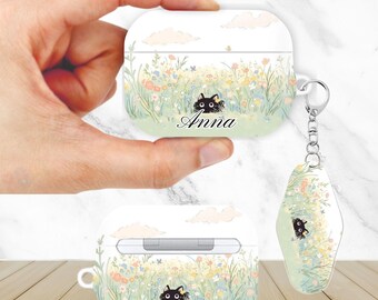 Funda personalizada con diseño de gato negro para AirPods Pro 3, 2 y 1, AirPod 4, 3 y 2 y 1 generación, con llavero.
