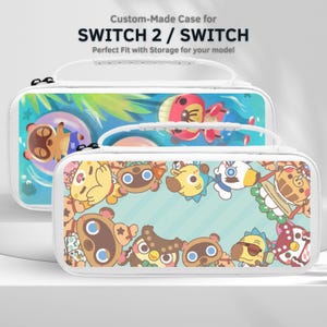 May include: Two white Nintendo Switch cases with colorful cartoon character designs. The cases have a handle and feature the text "Custom-Made Case for SWITCH 2 / SWITCH". The cases have a blue and white background.