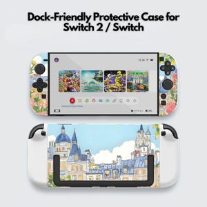 May include: A protective case for a Switch 2 / Switch console. The top half of the case has a floral design, while the bottom half features a cityscape illustration. The screen displays game icons. The text "Dock-Friendly Protective Case for Switch 2 / Switch" is at the top.