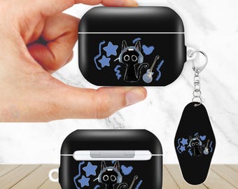 Anime Black Cat Art Aesthetic AirPods Case for AirPods Pro 2 1, AirPod 4 3, AirPod 2 1 Gen, Aesthetic Cover with Keychain Keyring
