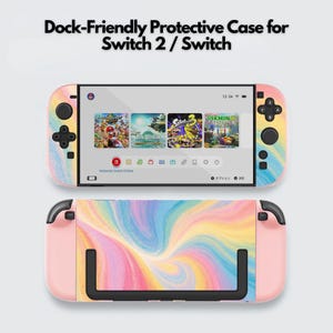 May include: A dock-friendly protective case for Switch 2 / Switch. The case features a colorful, swirling design in shades of pink, yellow, blue, and purple. The Switch console displays game icons. The text "Dock-Friendly Protective Case for Switch 2 / Switch" is at the top.