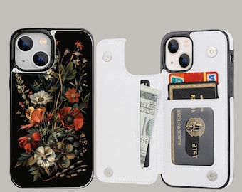 Dark Botanical Art Aesthetic Wallet Phone Case with Card Holder for iPhone 16 15 14 13 Pro Max Plus, Samsung Galaxy S25 S24 S23 Ultra Plus