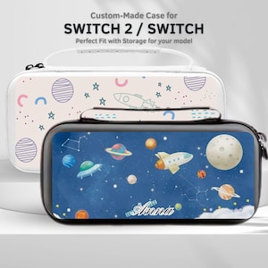 May include: Two custom-made cases for Switch 2 / Switch. One is white with pastel shapes and a rocket design. The other is black with a blue space theme, featuring planets, a rocket, and the name "Anna".
