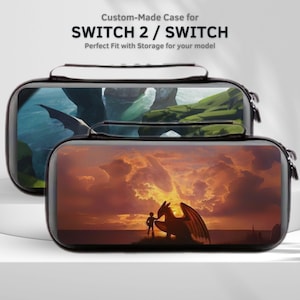 May include: Two black cases for a Switch 2 / Switch console, featuring colorful artwork. The top case has a landscape scene, while the bottom case displays a dragon and a person against a sunset backdrop. The text "Custom-Made Case for SWITCH 2 / SWITCH" is at the top.