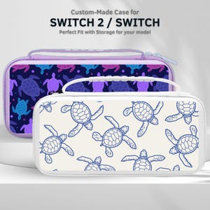 May include: Two custom-made cases for SWITCH 2 / SWITCH. One case is white with a blue turtle pattern, and the other is purple with a turtle pattern. The cases have a zip closure and a handle.