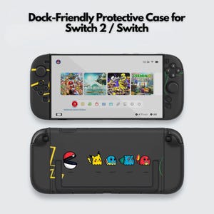May include: Black protective case for Switch 2 / Switch with a colorful design. The case features a screen displaying game options and a bottom case with cartoon character graphics. The text "Dock-Friendly Protective Case for Switch 2 / Switch" is at the top.
