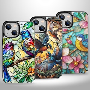 Capa tipo carteira com estampa de pássaro floral e vitral com porta-cartões para iPhone 16, 15, 14, 13 Pro Max Plus e Samsung Galaxy S25, S24 e S23 Ultra Plus