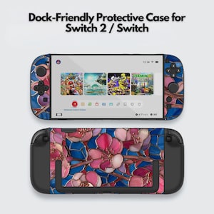 May include: A protective case for a Switch 2 / Switch. The case features a stained-glass floral design in pink, blue, and gold. The top portion shows the Switch screen with game icons. The text "Dock-Friendly Protective Case for Switch 2 / Switch" is at the top.