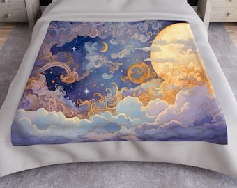 Celestial Moon Sun Throw Blanket, Super Soft Cozy Fleece, Lightweight Plush Bedding Couch Blanket, Home Decor