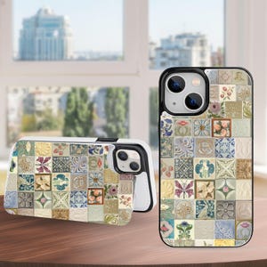May include: A phone case with a colourful, patterned design. The case features a mosaic of small, square tiles with floral, butterfly, and geometric motifs in various colours. The case is shown in two orientations, open and closed, with a black border.