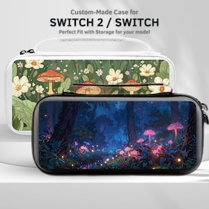 Puede incluir: Dos fundas personalizadas para Switch 2 / Switch. Una funda presenta un fondo blanco con un diseño floral y de setas. La otra funda tiene un fondo negro con una escena de bosque con setas brillantes. Las fundas tienen cierre de cremallera.