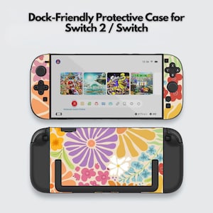 Könnte beinhalten: Eine Schutzhülle für die Switch 2 / Switch. Die Hülle hat ein Blumenmuster mit orangefarbenen, lila, rosa und blauen Blumen. Der obere Teil der Hülle zeigt den Switch-Bildschirm mit Spielsymbolen. Der Text "Dock-Friendly Protective Case for Switch 2 / Switch" steht oben.