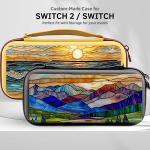 May include: Two custom-made Switch 2 / Switch cases. The top case is yellow with a sunset design, and the bottom case is black with a mountain landscape design. The text on the image reads "Custom-Made Case for SWITCH 2 / SWITCH".