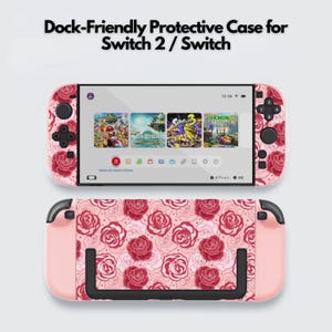 May include: A pink protective case for a Switch 2 / Switch with a rose pattern. The screen displays game icons. The text "Dock-Friendly Protective Case for Switch 2 / Switch" is at the top.