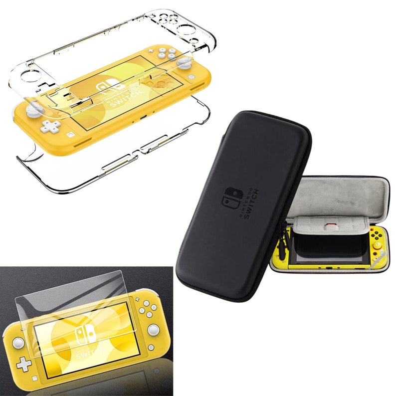 Pu&ograve; includere: Una console Nintendo Switch Lite gialla con una custodia protettiva trasparente, una custodia da trasporto nera e una protezione per lo schermo. Il logo Nintendo Switch &egrave; visibile sulla console e sulla custodia.