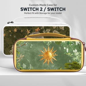 May include: Two rectangular carrying cases for gaming consoles. The back case is white with a dark green botanical and star pattern. The front case is yellow with a green background featuring a central gold sun, foliage, and white flowers.