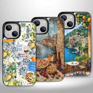 May include: Three iPhone cases with Italian-themed designs. One case features a floral and lemon pattern with the text "La Dolce Vita". Another depicts a Venetian canal scene with pizza and wine. The third shows a coastal view with lemons.